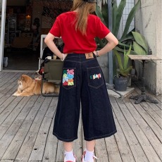 批发美式复古字母印花牛仔七分裤女夏季高街设计感宽松显瘦阔腿短裤潮