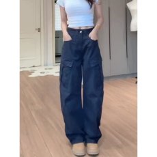 批发大码美式高街多口袋弯刀工<b class='q'>装</b>牛仔裤男女设计感宽松直筒休闲长裤潮