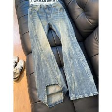 批发美式vibe闪电纹微喇牛仔裤男款春秋新款斜切弯刀裤修身显瘦直筒裤