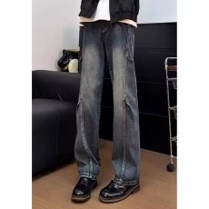 批发高街美式复古水洗做旧拼接牛仔裤男宽松直筒拉链vibe微喇痞帅裤子