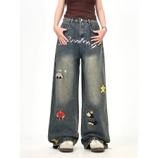 批发卡通毛巾绣水洗做旧牛仔裤男直筒宽松阔腿裤秋季美式高街裤子潮