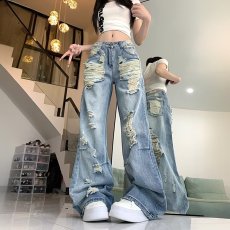 批发美式复古辣妹低腰破洞牛仔裤女夏季高街设计感直筒宽松显瘦阔腿裤