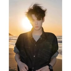 批发设计感辑明线口袋<b class='q'>牛仔</b>夹克潮流痞帅情侣装短袖衬衫外套男