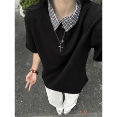 批发美式假两件正肩POLO衫<b class='q'>男</b>款夏季设计感翻领格子<b class='q'>衬衫</b>领拼接短袖T恤