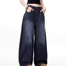 批发美式复古弯刀牛仔裤<b class='q'>男</b>女设计感立体阔腿老爹裤松弛感拖地镰刀长裤