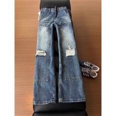 批发美式高街风破洞不规则复古水洗弯刀牛仔裤<b class='q'>男</b>女宽松直筒阔腿裤