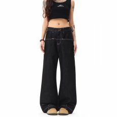 批发美式高街设计感反穿倒装牛仔裤女<b class='q'>男</b>辣妹复古做旧个性拖地长裤