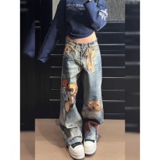 批发美式设计感小熊错视印花牛仔裤子<b class='q'>男</b>女复古做旧个性潮流拖地长裤