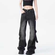 批发美式复古水洗做旧重工微喇牛仔裤<b class='q'>男</b>女新款设计感宽松直筒阔腿裤子