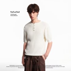 批发夏季美式复古亨利领竖纹肌理短袖<b class='q'>针织衫</b>T恤<b class='q'>男</b>波斯纶羊毛混纺上衣