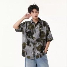 批发夏季美式复古水墨风短袖印花<b class='q'>衬衫</b>男生宽松港风休闲上衣潮牌设计感