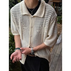 批发美式cleanfit慵懒镂空薄款开衫短袖衬衫<b class='q'>男</b>款夏季老钱风高级感针织