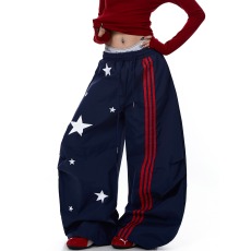 批发BLACKLISTS美式撞色条纹星星褶皱弯刀伞兵裤男女爵士舞<b class='q'>宽松</b>阔腿裤