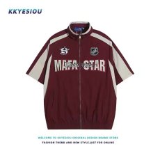 批发美式复古撞色拼接刺绣短袖夹克男女街头情侣<b class='q'>运动</b>休闲<b class='q'>宽松</b>外套百搭