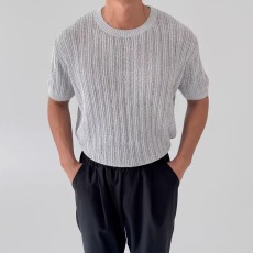 批发灰色镂空针织衫圆领<b class='q'>短袖</b>t恤<b class='q'>男士</b>夏季宽松韩版潮流小众风百搭体恤