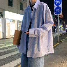 批发春秋季条纹潮流ins<b class='q'>长袖</b>衬衫男潮牌休闲港风<b class='q'>情侣</b><b class='q'>小众</b>打底衬衣外套