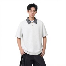 批发夏季复古慵懒风撞色格纹翻领POLO衫男女情侣假两件<b class='q'>宽松</b>上衣
