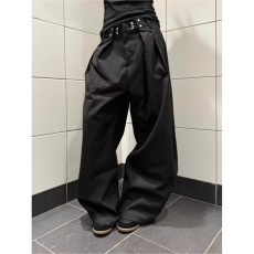 批发美式复古褶皱设计男女春秋季竖条纹阔腿宽松直筒休闲长裤弯刀西裤