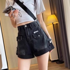 批发牛仔短<b class='q'>裤</b>女夏季新款ch风黑色水洗工<b class='q'>装</b>口袋高腰<b class='q'>韩版</b>宽松辣妹热<b class='q'>裤</b>
