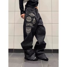 批发美式休闲高端刺绣牛仔裤男款潮牌弹力修身直筒个性印花黑色<b class='q'>长裤</b>子