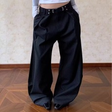 批发2026美式复古条纹褶皱弯刀西裤男女cleanfit廓形高级感<b class='q'>休闲裤</b>子