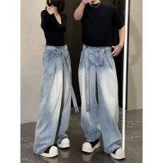 批发美式复古腰带牛仔裤男春季设计感褶皱大码宽松阔腿弯刀<b class='q'>长裤</b>子潮