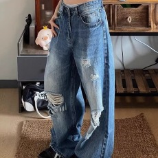 批发破洞直筒牛仔裤女薄款高腰<b class='q'>大码</b>宽松显瘦<b class='q'>哈伦裤</b>乞丐阔腿裤