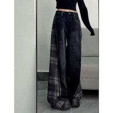 批发大码复古格纹撞色拼接阔腿牛仔裤女2026春潮牌<b class='q'>街头</b>垂感显瘦拖地裤