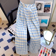 批发胖妹妹<b class='q'>大码</b>韩版chic垂感拖地蓝色格子阔腿裤女春夏高腰显瘦休闲裤