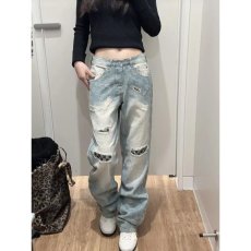 批发浅蓝色潮牌破洞九分牛仔裤<b class='q'>男</b>士油漆泼墨痞帅韩版百搭小脚9分裤子