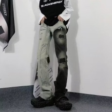 批发美式小众解构<b class='q'>裤</b>子春秋<b class='q'>欧美</b>高街牛仔<b class='q'>裤</b>男款黑白拼接双色鸳鸯<b class='q'>裤</b>