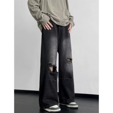 批发黑色破洞水洗牛仔<b class='q'>裤</b>男高街ins潮牌<b class='q'>欧美</b>vibe复古高级感乞丐直筒<b class='q'>裤</b>