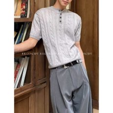 批发美式硬汉麻花针织亨利衫男半开扣修身短袖<b class='q'>卫衣</b>丝光棉冰丝polo衫潮