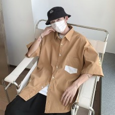 批发夏季新款纯棉七分袖衬衫<b class='q'>男</b>士薄款港风休闲工装短袖衬衣外套宽松潮