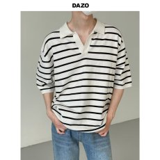 批发复古条纹冰丝针织<b class='q'>t</b><b class='q'>恤</b>男短袖夏季宽松显瘦设计感polo领短款上衣服