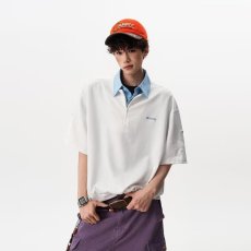 批发浅灰色<b class='q'>假两件</b>格子polo衫短袖t恤男款夏季潮牌美式复古拼接<b class='q'>衬衫</b>领