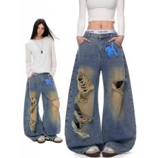 批发辣到中暑美式复古<b class='q'>街头</b>风脏染做旧破洞弯刀牛仔裤宽松阔腿拖地裤