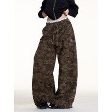 批发ONLPP美式复古抽绳迷彩阔腿裤女春季新款宽松辣妹休闲直筒长裤