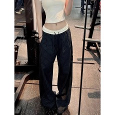 批发格子裤子男女夏季薄款美式复古藏青色格纹阔腿裤显瘦直筒<b class='q'>休闲裤</b>潮