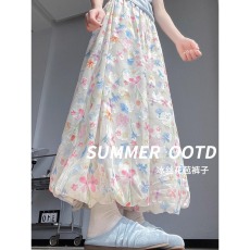 批发碎花裙裤女夏季新款高腰显瘦大码胖mm200斤宽松阔腿冰丝花苞长裤