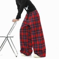 批发红色格纹<b class='q'>休闲裤</b>女男2026春季hiphop嘻哈街舞裤小众设计感拖地长裤