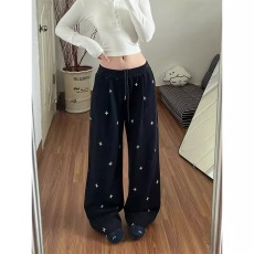 批发韩版宽松百搭抽绳<b class='q'>休闲裤</b>裤子女款2026春季新款十字满印运动拖地裤