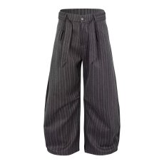 批发男女老钱风西裤打褶条纹剑道腰带设计感宽松百搭弯刀休闲长裤新款