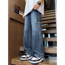 批发美式复古拼接牛仔裤男春秋季新款高街设计感工装直筒裤子