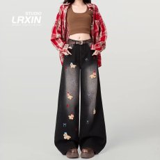 批发黑灰刺绣阔腿牛仔裤女春秋2026新款高腰宽松设计感百搭垂感直筒裤