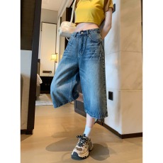 批发复古美式牛仔短裤女夏薄款2026新款高腰直筒宽松显瘦六分阔腿中裤