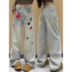 批发韩版美式春夏新款牛仔裤女设计感小众刺绣宽松高腰直筒阔腿拖地裤