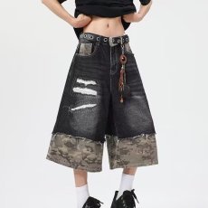 批发黑色迷彩拼接破洞做旧复古牛仔裤短裤七分男宽松阔腿直筒休闲