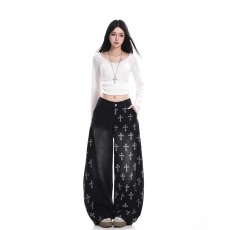 批发美式复古蓝色十字架水洗牛仔裤女生2026年秋季宽松版型超好看长裤