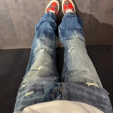 批发美式复古闪电纹乞丐破洞牛仔裤男2026新款设计感潮牌宽松直筒裤子